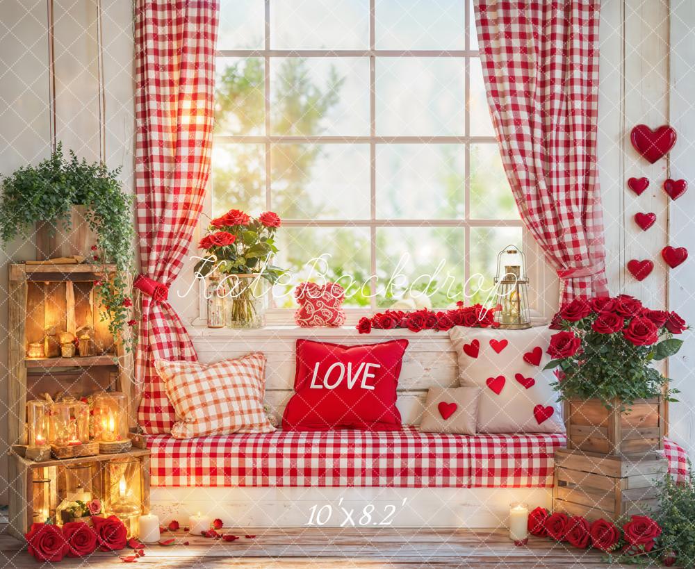 Kate Valentine Window Red Hearts Roses Fleece Backdrop Designed by Emetselch - Image 3