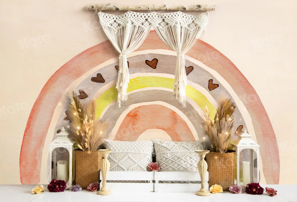 Kate Spring Boho Rainbow Birthday Backdrop for Photography - Image 2