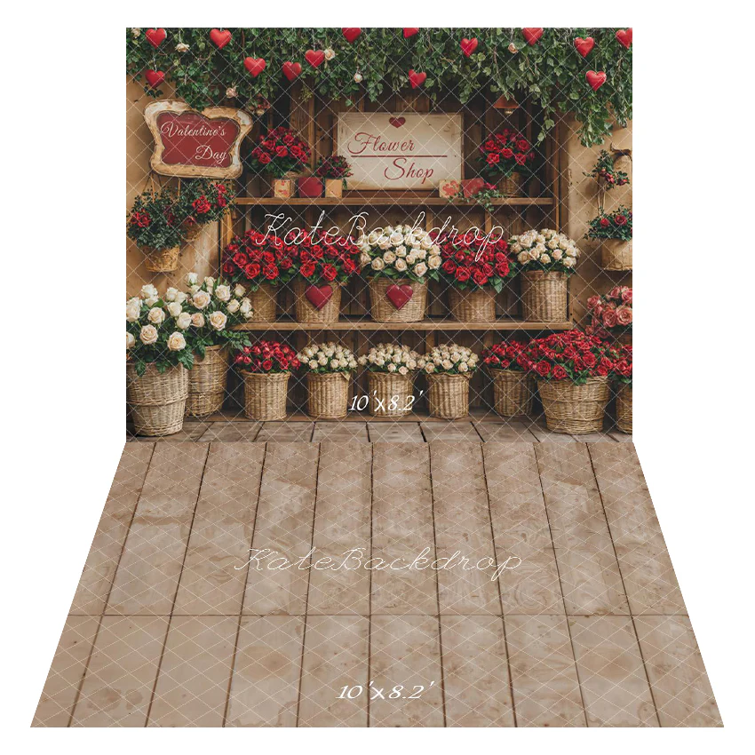 Kate Valentine's Day Flower Shop Baskets Backdrop+Beige Retro Floor Backdrop - Image 2