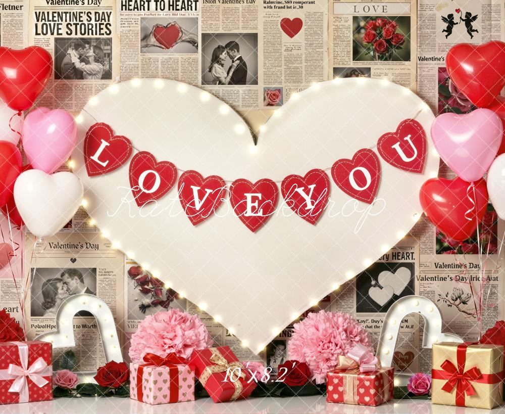 Kate Valentine's Day Heart Balloons Newspaper Fleece Backdrop Designed by Emetselch - Image 3