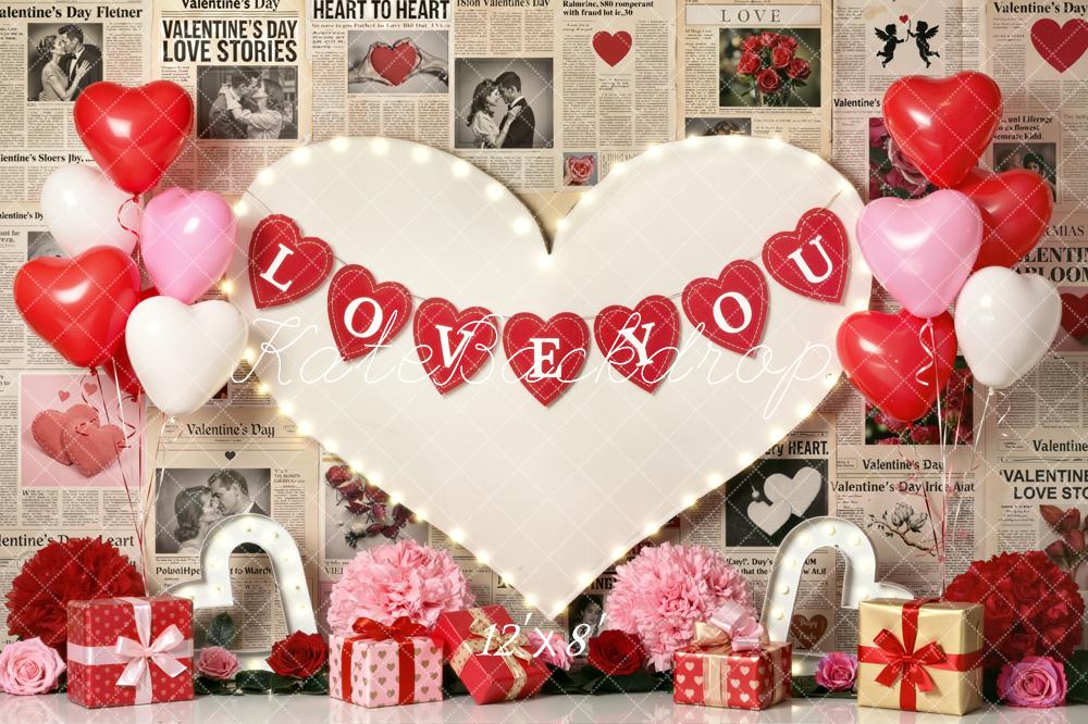 Kate Valentine's Day Heart Balloons Newspaper Fleece Backdrop Designed by Emetselch - Image 4