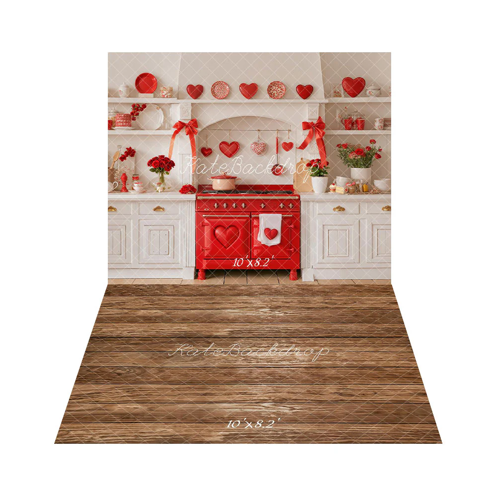 Kate Valentine's Day Kitchen Red Hearts Backdrop+Brown Wooden Floor Backdrop - Image 2