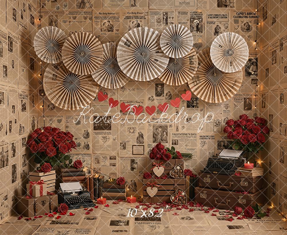 Kate Valentines Day Newspaper Paper Fans Roses Backdrop Designed by Emetselch - Image 6