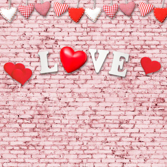 Kate Valentine's Day Pink Brick Wall Red Heart Backdrop - Image 3