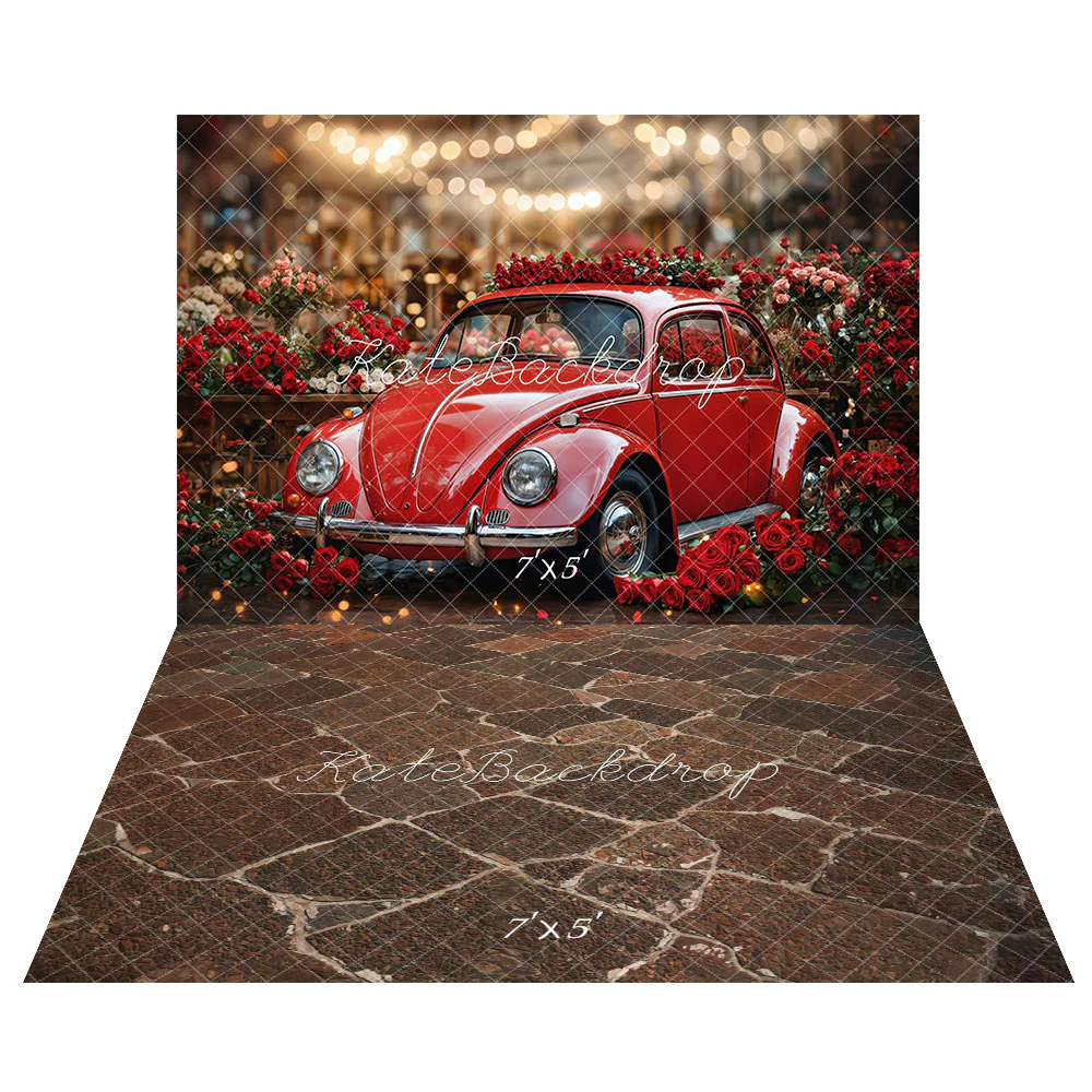 Kate Valentine's Day Red Car Roses Backdrop+Cobblestone Brown Floor Backdrop - Image 2