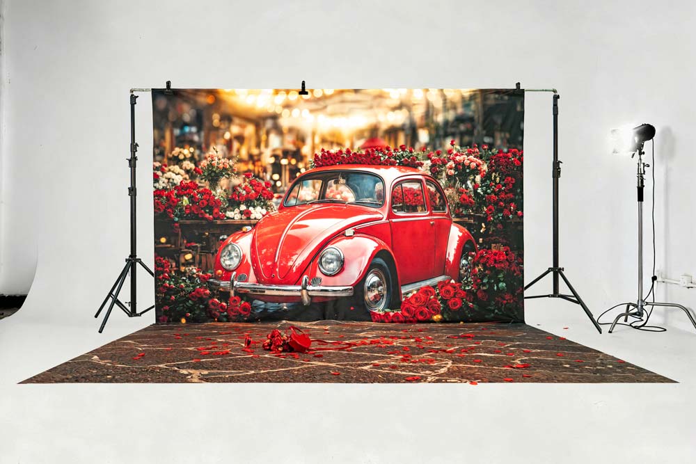 Kate Valentine's Day Red Car Roses Backdrop+Cobblestone Brown Floor Backdrop - Image 3