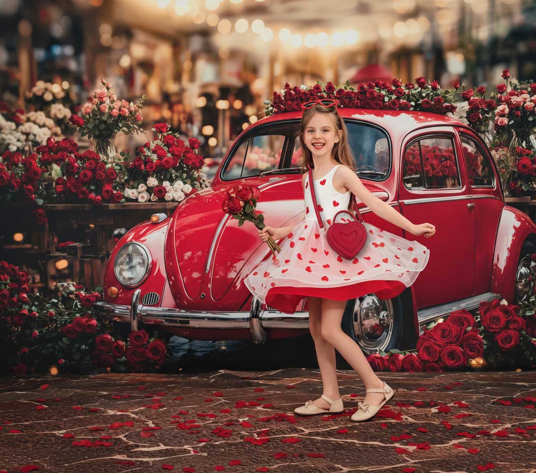 Kate Valentine's Day Red Car Roses Backdrop+Cobblestone Brown Floor Backdrop - Image 4