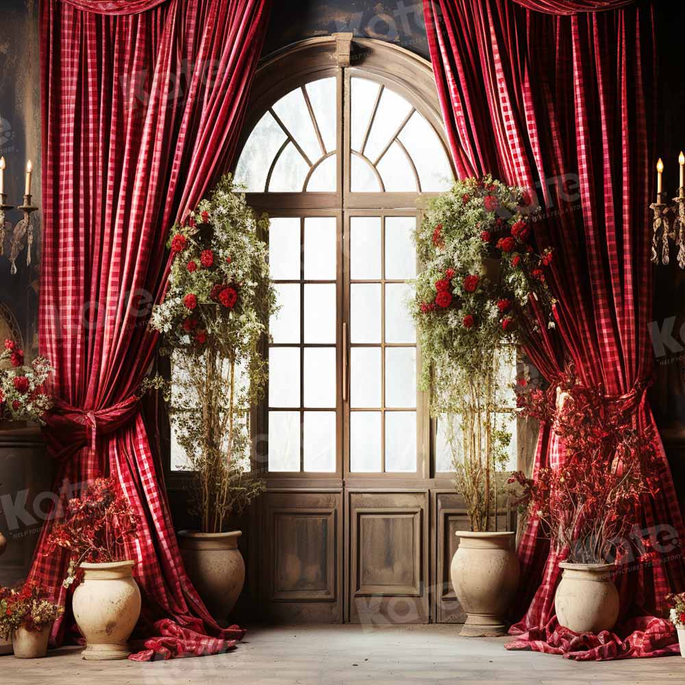 Kate Valentine's Day Red Curtain Flower Window Backdrop for Photography - Image 2