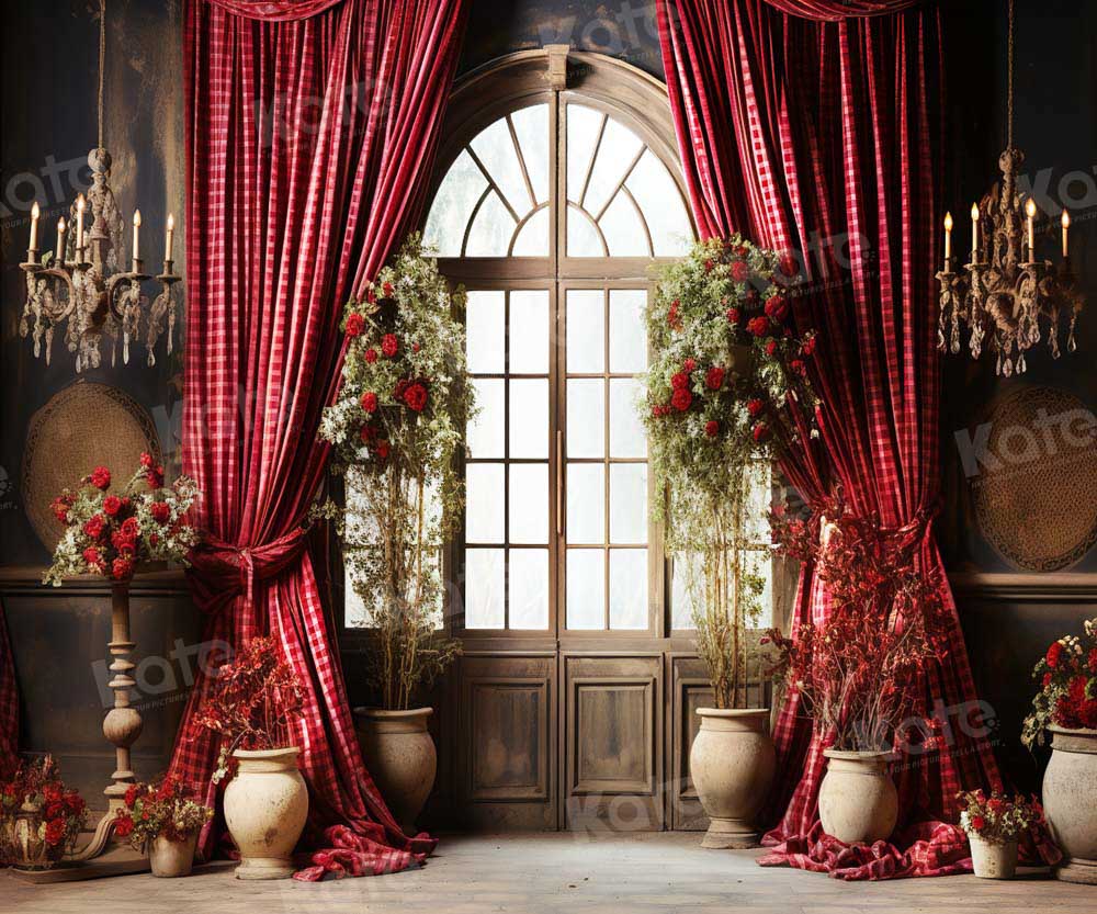 Kate Valentine's Day Red Curtain Flower Window Backdrop for Photography - Image 3