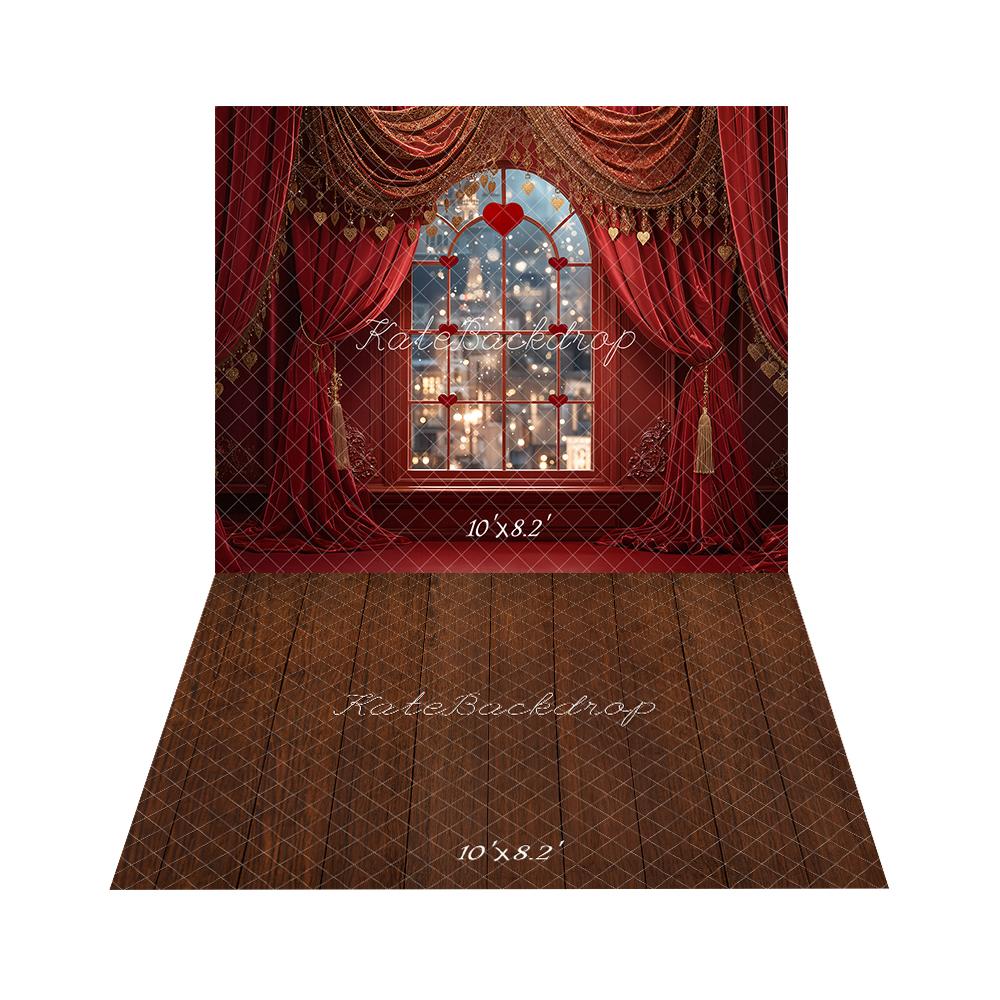 Kate Valentine's Day Red Curtains Window Backdrop+Dark Brown Wooden Floor Backdrop - Image 2