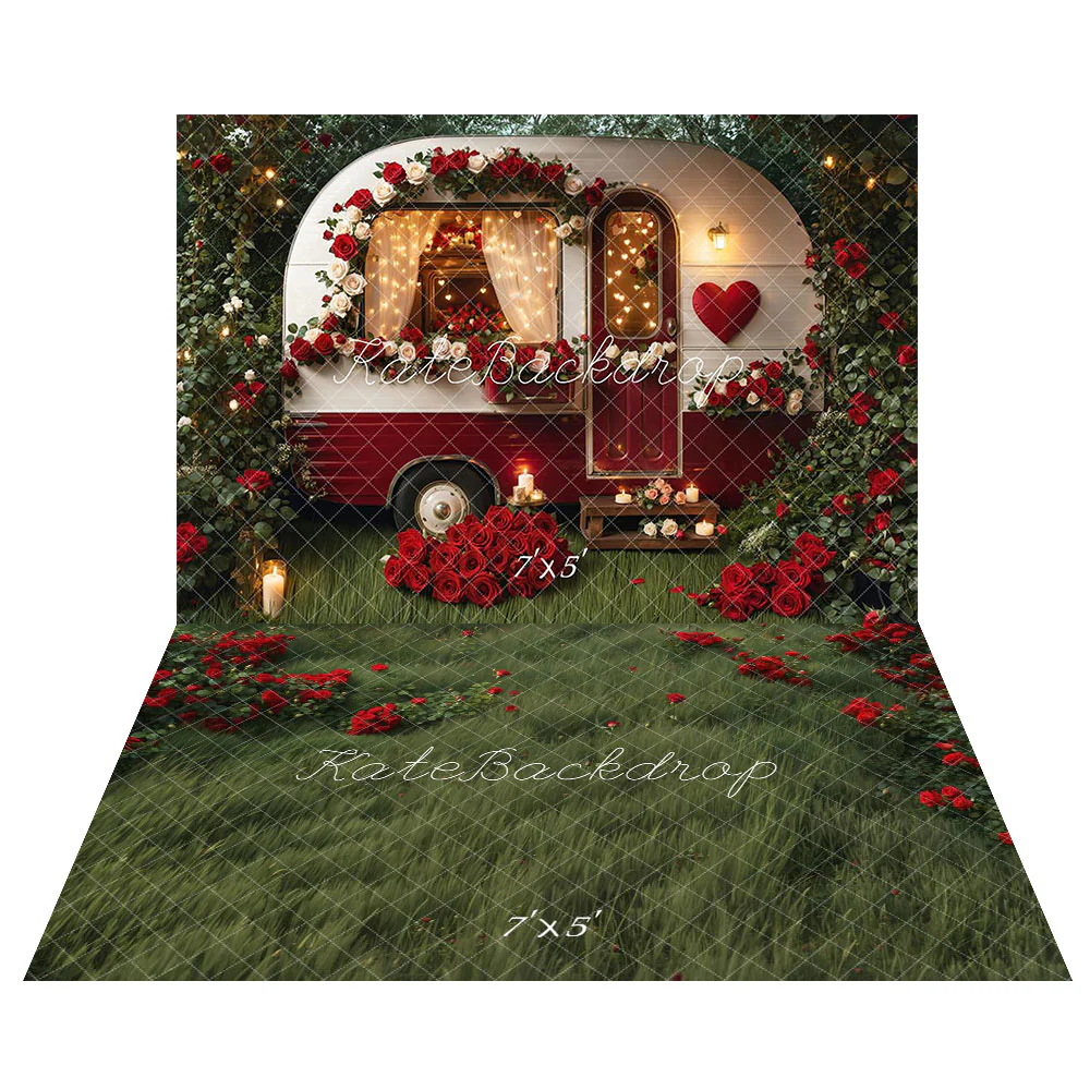 Kate Valentine's Day Romantic Flower Camper Backdrop+Grass Red Roses Floor Backdrop - Image 2