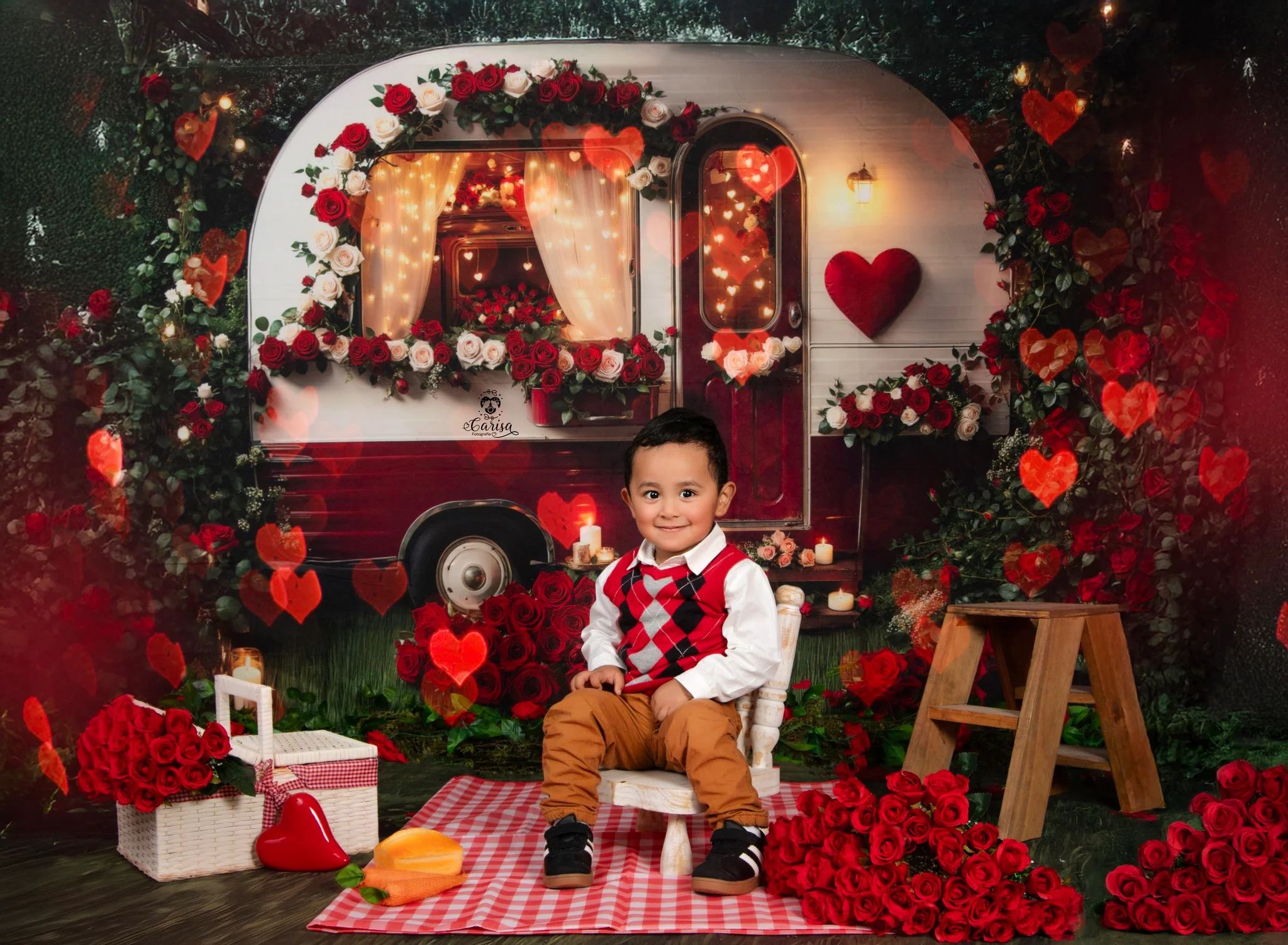 Kate Valentine's Day Romantic Flower Camper Backdrop+Grass Red Roses Floor Backdrop - Image 3