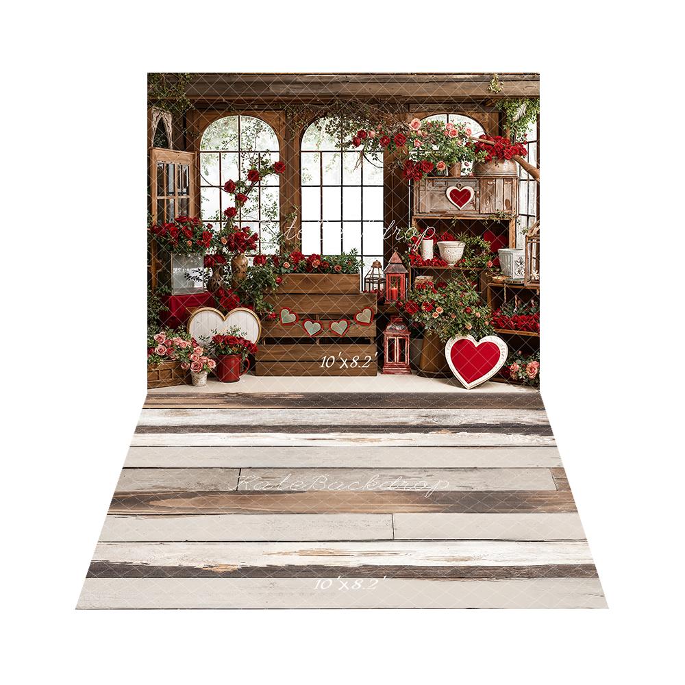 Kate Valentine's Day Roses Heart Wooden Window Backdrop+Light Brown Retro Wood Floor Backdrop - Image 2