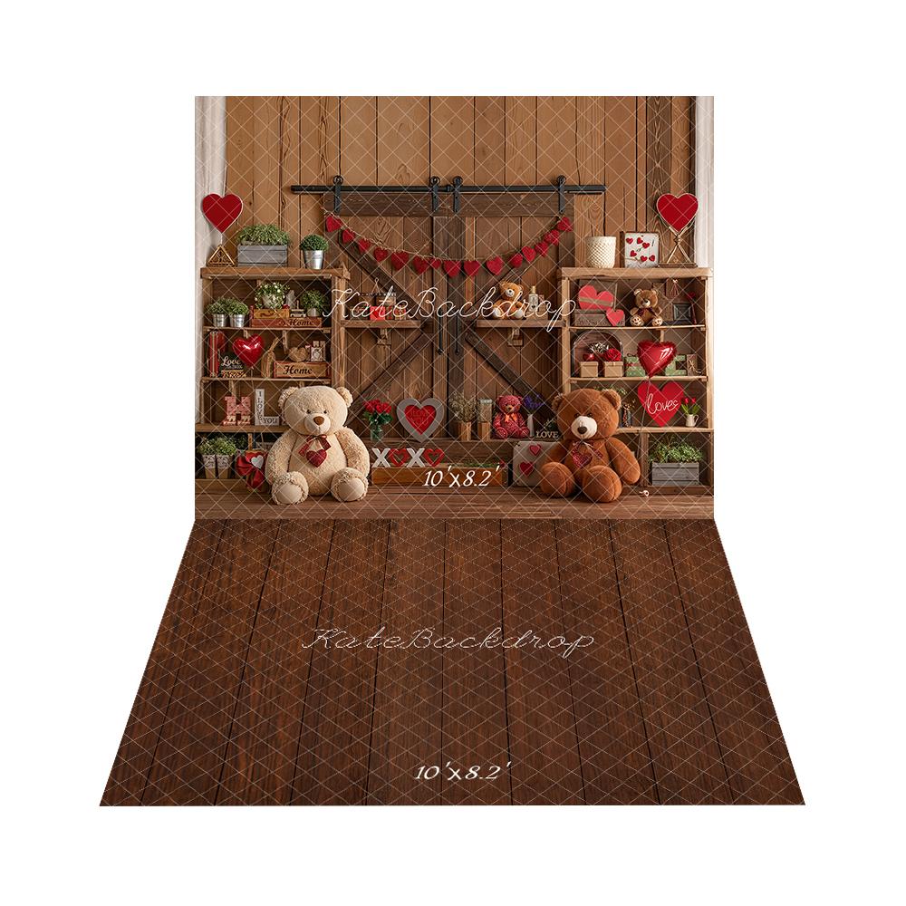 Kate Valentine's Day Teddy Bears Wooden Shelves Backdrop+Dark Brown Wooden Floor Backdrop - Image 2