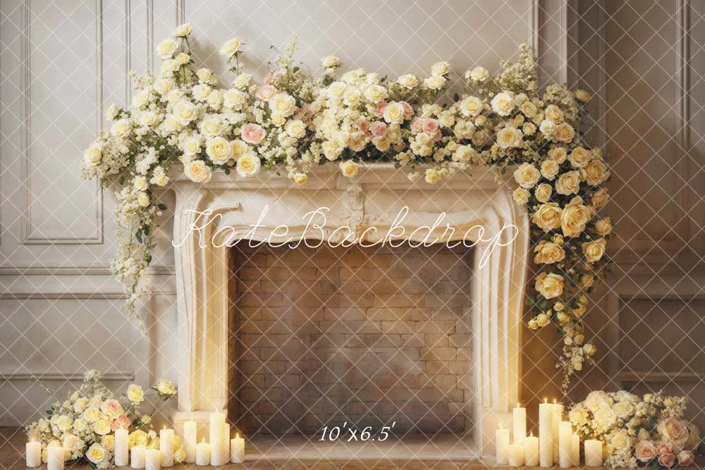 Kate Valentine's Day White Flowers Candle Fireplace Backdrop Designed by Emetselch - Image 2