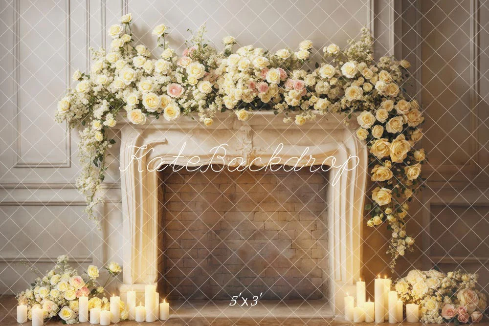 Kate Valentine's Day White Flowers Candle Fireplace Backdrop Designed by Emetselch - Image 3
