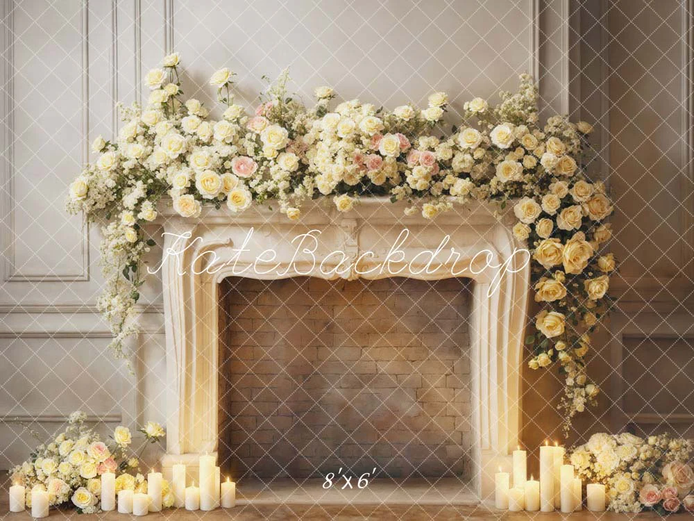 Kate Valentine's Day White Flowers Candle Fireplace Backdrop Designed by Emetselch - Image 4