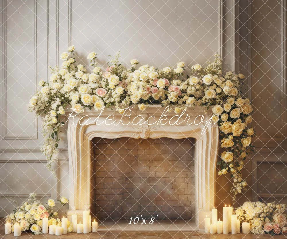 Kate Valentine's Day White Flowers Candle Fireplace Backdrop Designed by Emetselch - Image 5