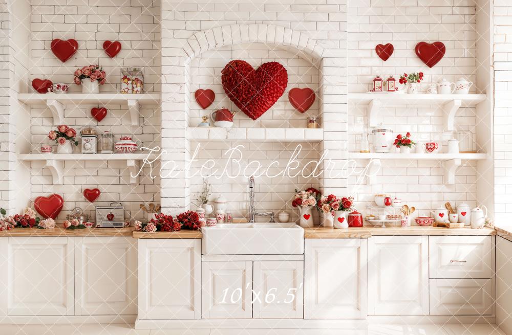 Kate Valentines Kitchen Hearts White Brick Fleece Backdrop Designed by Emetselch - Image 2