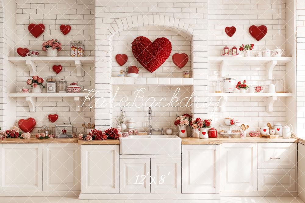 Kate Valentines Kitchen Hearts White Brick Fleece Backdrop Designed by Emetselch - Image 4