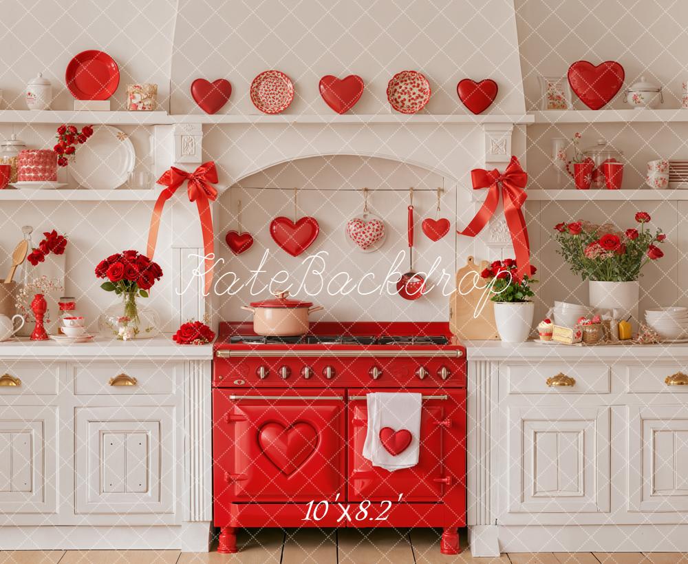 Kate Valentines Kitchen Red Stove Bows Hearts Backdrop Designed by Emetselch - Image 6