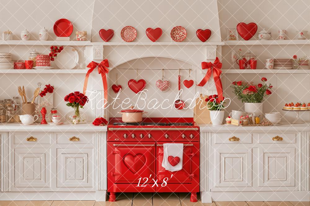 Kate Valentines Kitchen Red Stove Bows Hearts Backdrop Designed by Emetselch - Image 8