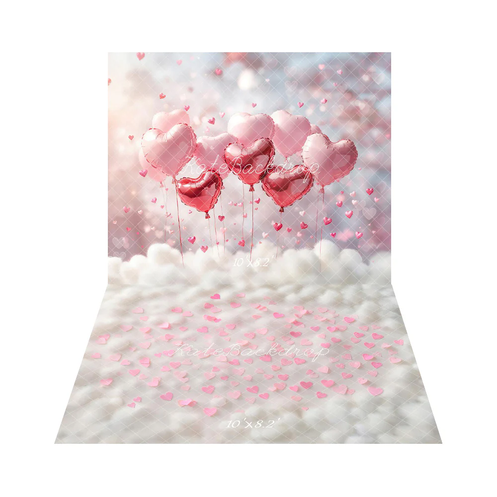 Kate Valentines Pink Heart Balloons Backdrop+Pink Hearts White Cloud Floor Backdrop - Image 2