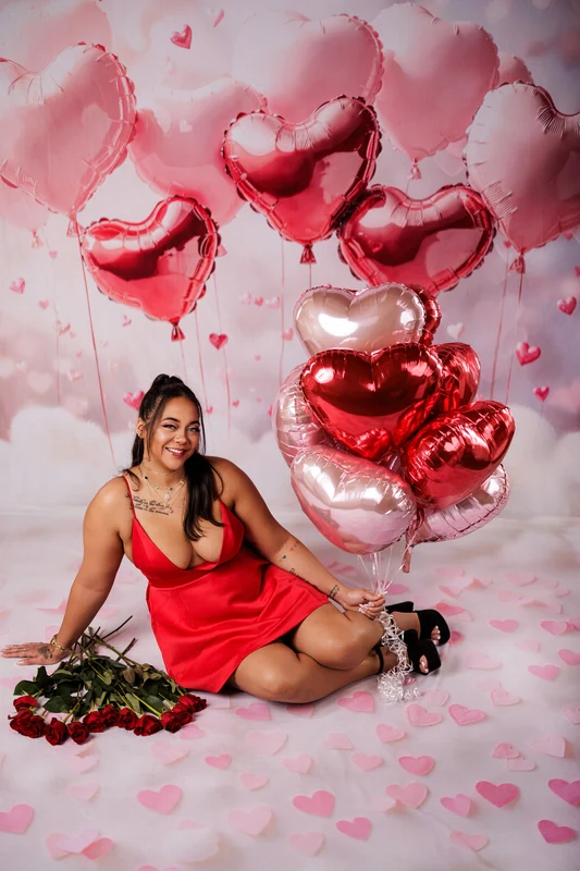 Kate Valentines Pink Heart Balloons Backdrop+Pink Hearts White Cloud Floor Backdrop - Image 3
