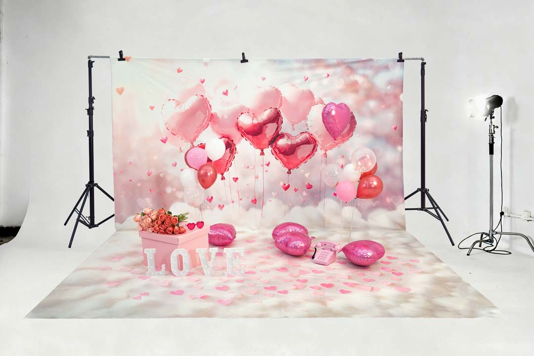 Kate Valentines Pink Heart Balloons Backdrop+Pink Hearts White Cloud Floor Backdrop - Image 5