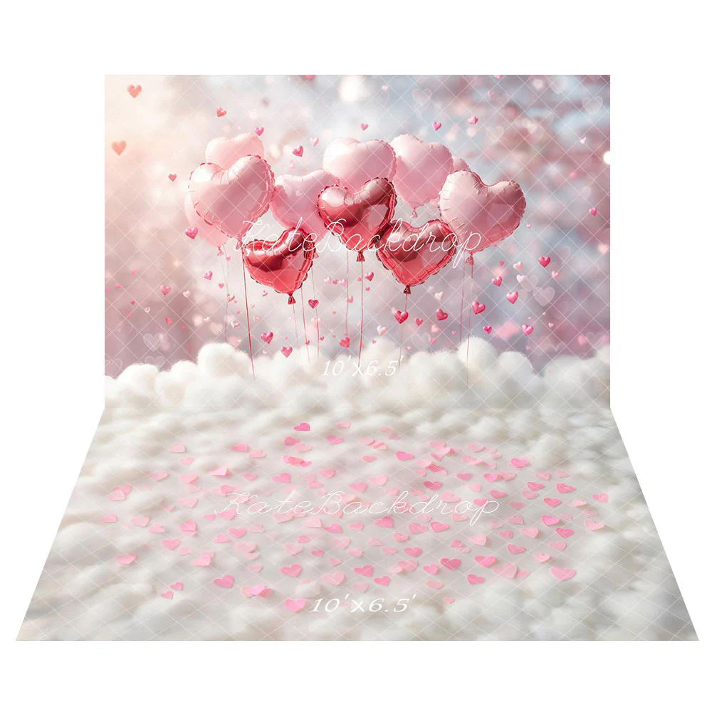 Kate Valentines Pink Heart Balloons Backdrop+Pink Hearts White Cloud Floor Backdrop - Image 6
