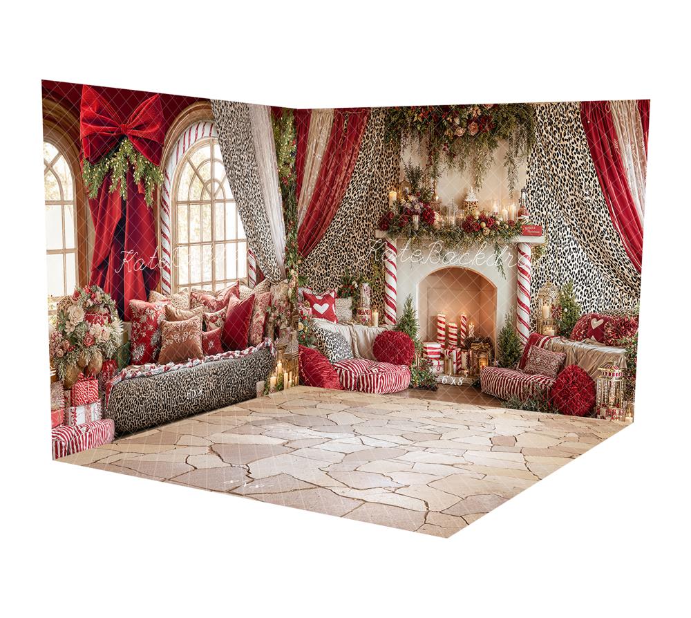 Kate Valentines Red Bow Leopard Curtain Window Floral Room Set - Image 2