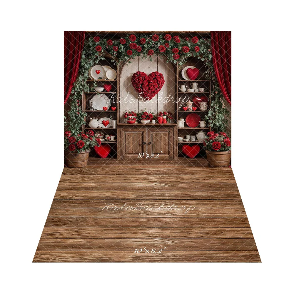 Kate Valentines Roses Heart Cabinet Curtains Backdrop+Brown Wooden Floor Backdrop - Image 2