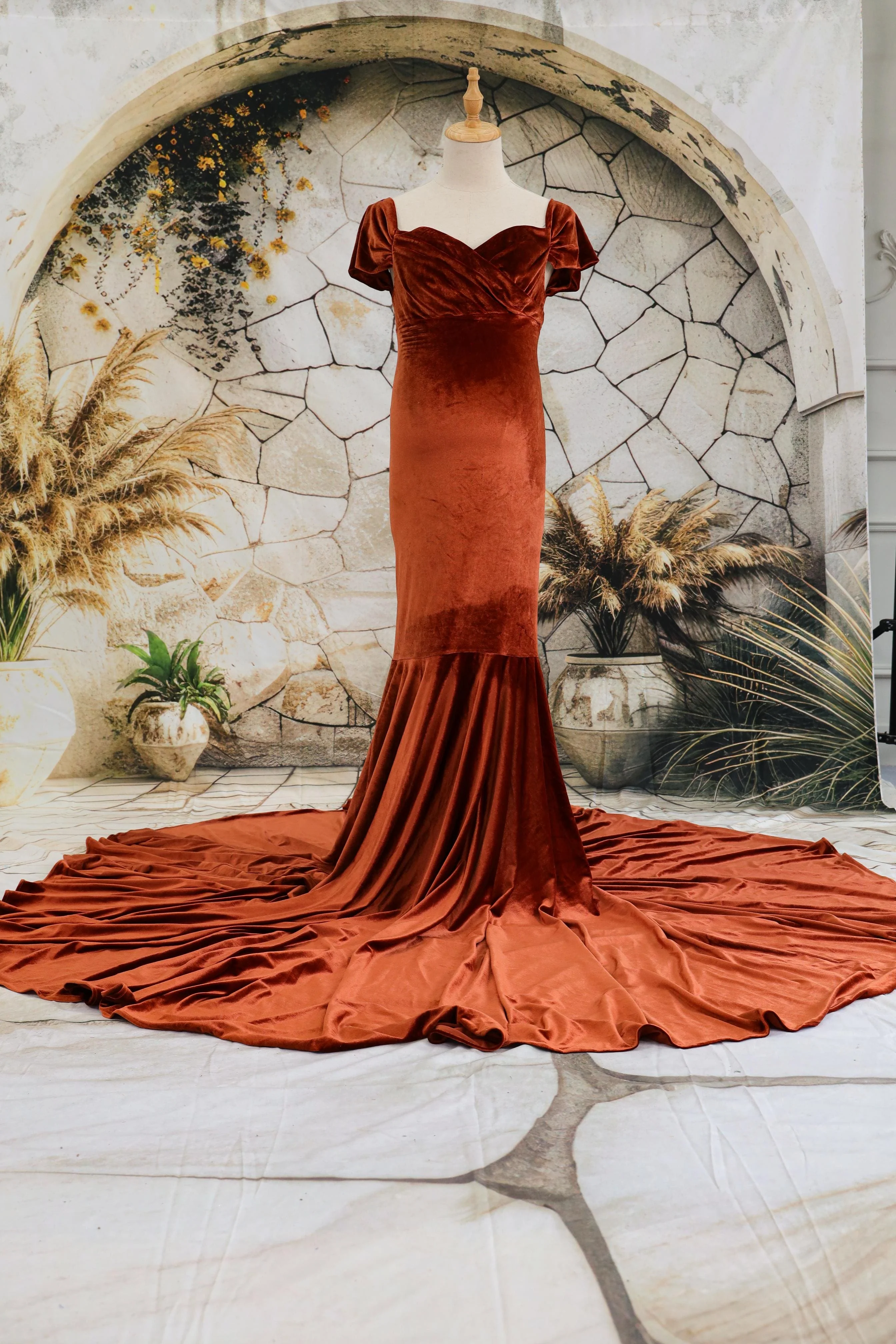 Kate Velvet V-neck Tailed Maternity Photoshoot Dress - Image 6