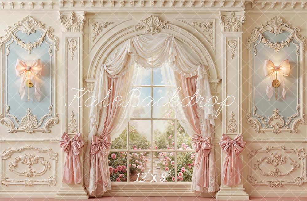 Kate Victorian Arch Window Pink Curtains Fleece Backdrop Designed by Emetselch - Image 4