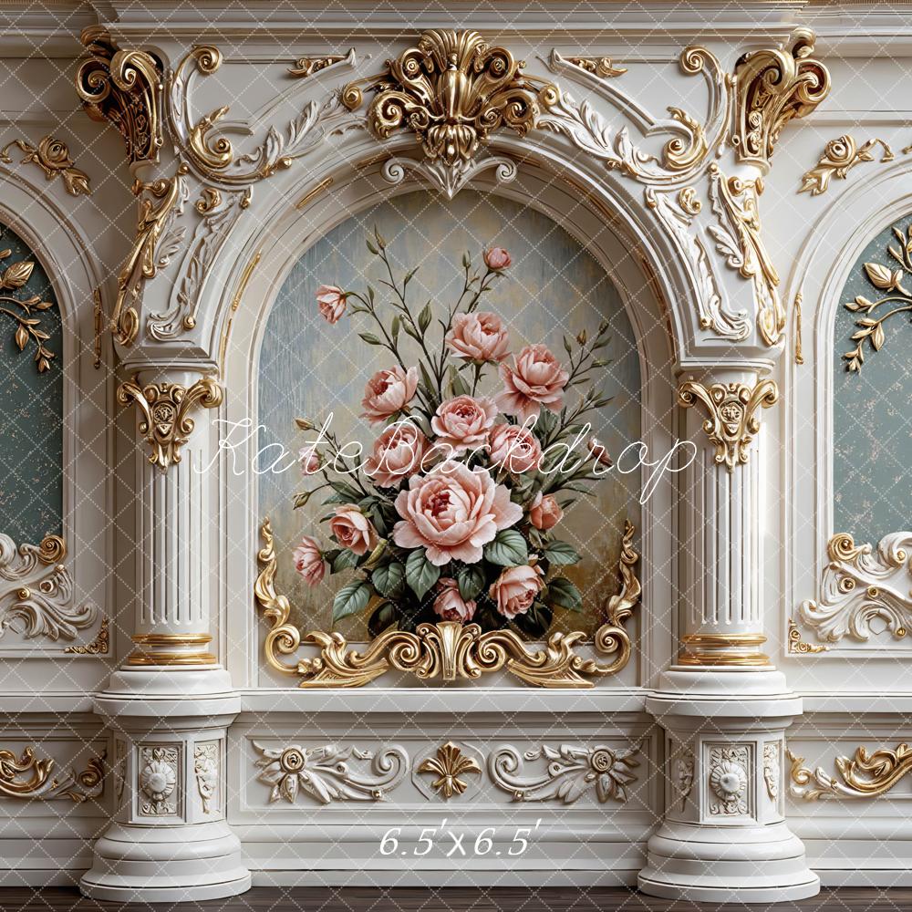 Kate Vintage Arch Pink Roses Gold Details Backdrop Designed by Mini MakeBelieve - Image 2