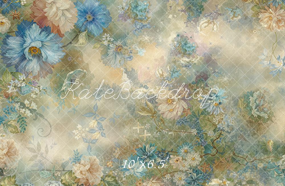 Kate Vintage Blue Beige Flowers Fleece Backdrop Designed by Emetselch - Image 2