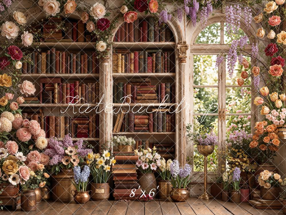 Kate Vintage Bookshelf Floral Window Backdrop Designed by Emetselch - Image 3
