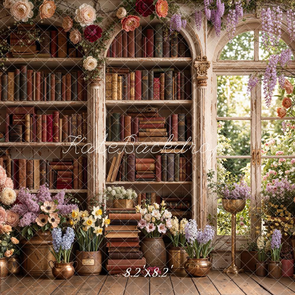 Kate Vintage Bookshelf Floral Window Backdrop Designed by Emetselch - Image 5