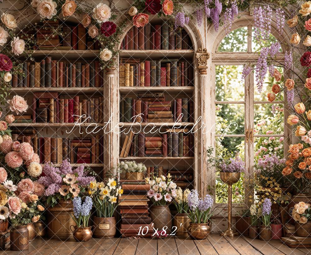 Kate Vintage Bookshelf Floral Window Backdrop Designed by Emetselch - Image 6