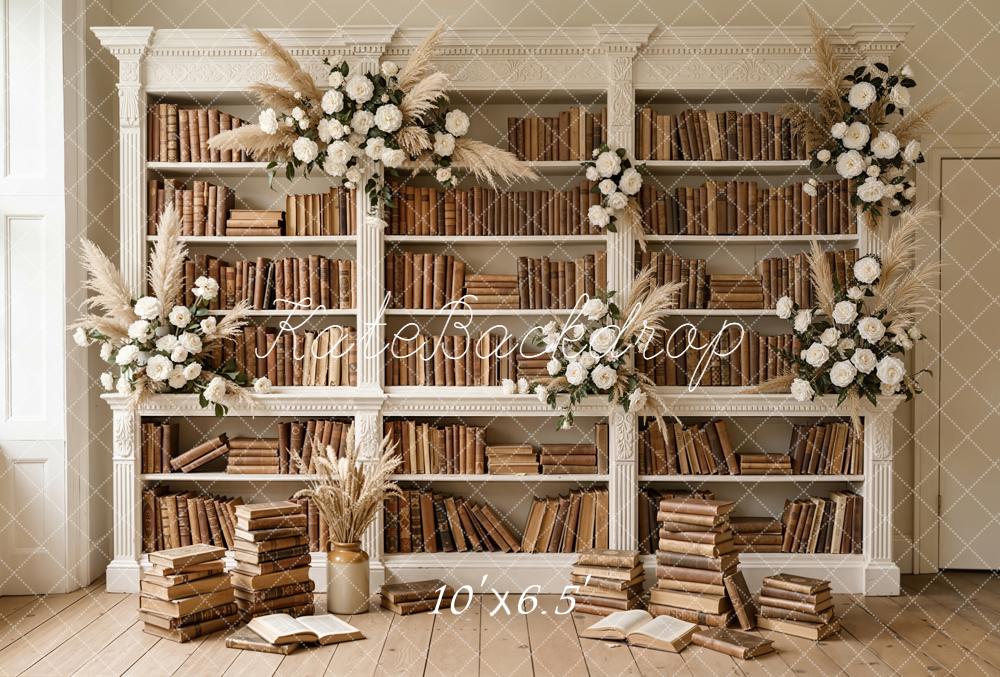 Kate Vintage Bookshelf Floral Arrangement Fleece Backdrop Designed by Emetselch - Image 2