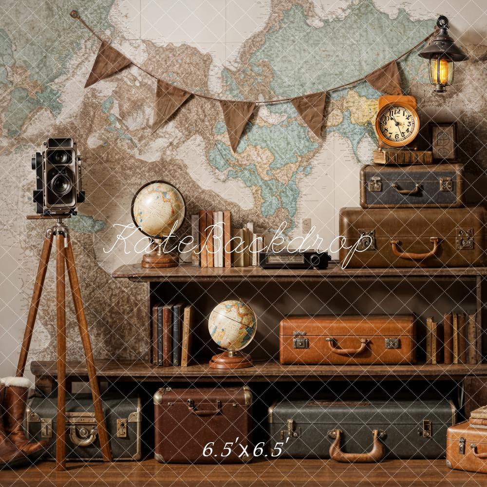 Kate Vintage Camera Suitcase Globe Adventure Travel Backdrop Designed by Emetselch - Image 3