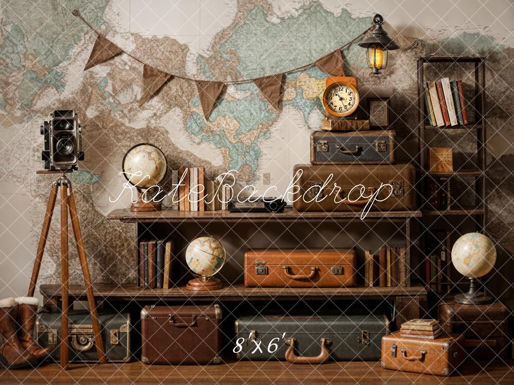 Kate Vintage Camera Suitcase Globe Adventure Travel Backdrop Designed by Emetselch - Image 4