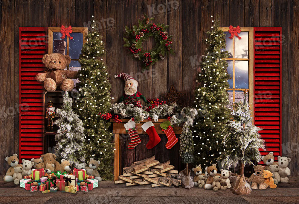 Kate Vintage Christmas Fireplace Teddy Bear Backdrop for Photography - Image 2