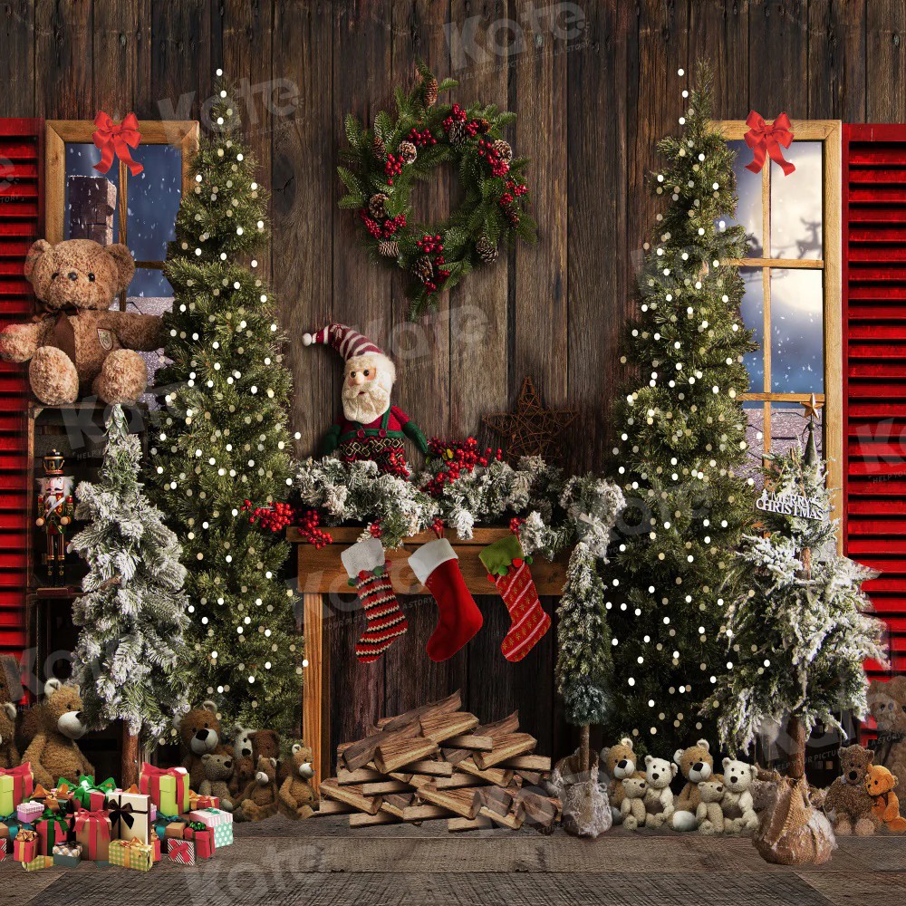 Kate Vintage Christmas Fireplace Teddy Bear Backdrop for Photography - Image 4