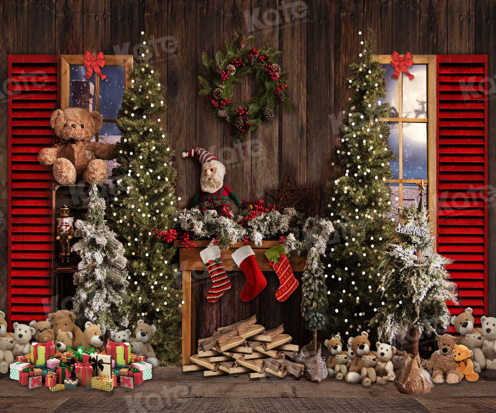 Kate Vintage Christmas Fireplace Teddy Bear Backdrop for Photography - Image 5