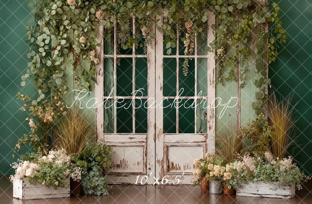 Kate Spring Vintage Door Green Leaves Backdrop Designed by Emetselch - Image 4
