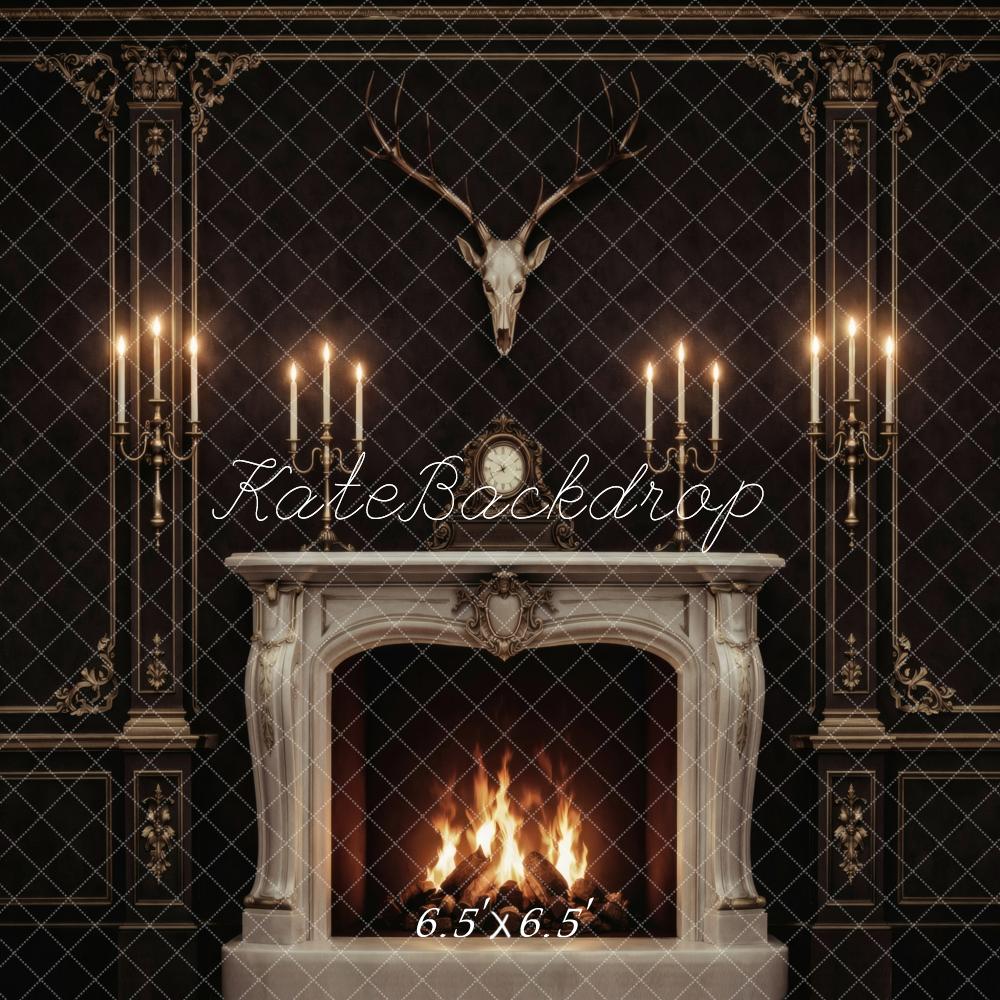 Kate Vintage Fireplace Antlers Candlelight Backdrop Designed by Vertigo Productions - Image 2
