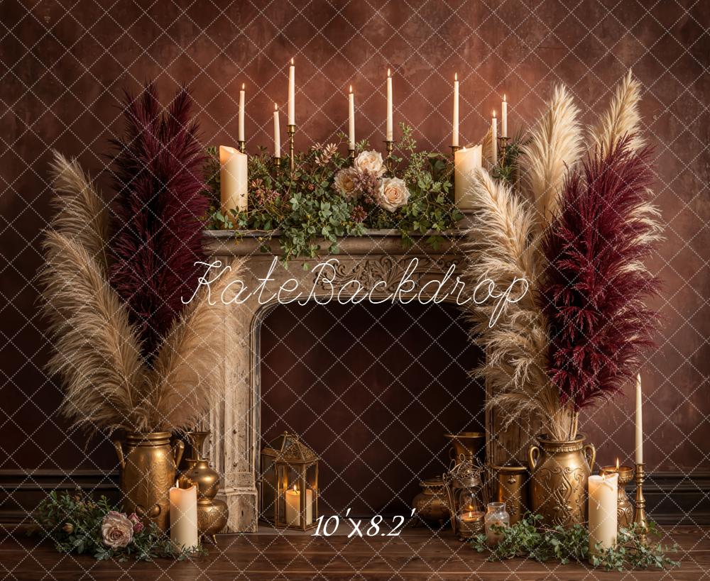 Kate Vintage Fireplace Pampas Candles Fleece Backdrop Designed by Emetselch - Image 3