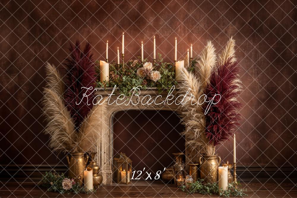 Kate Vintage Fireplace Pampas Candles Fleece Backdrop Designed by Emetselch - Image 4