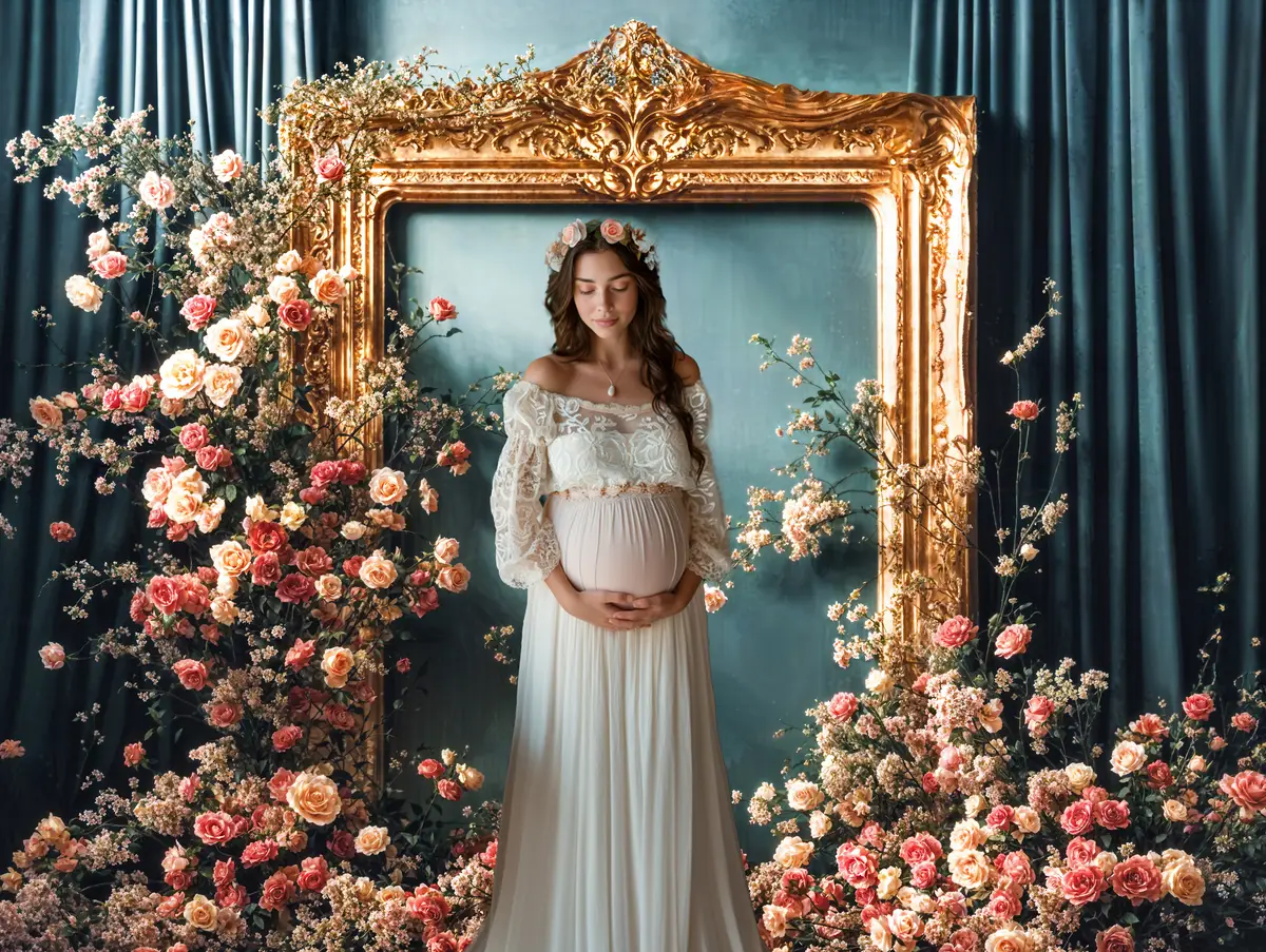 Kate Vintage Flower Golden Frame Blue Curtain Wall Backdrop Designed by Emetselch